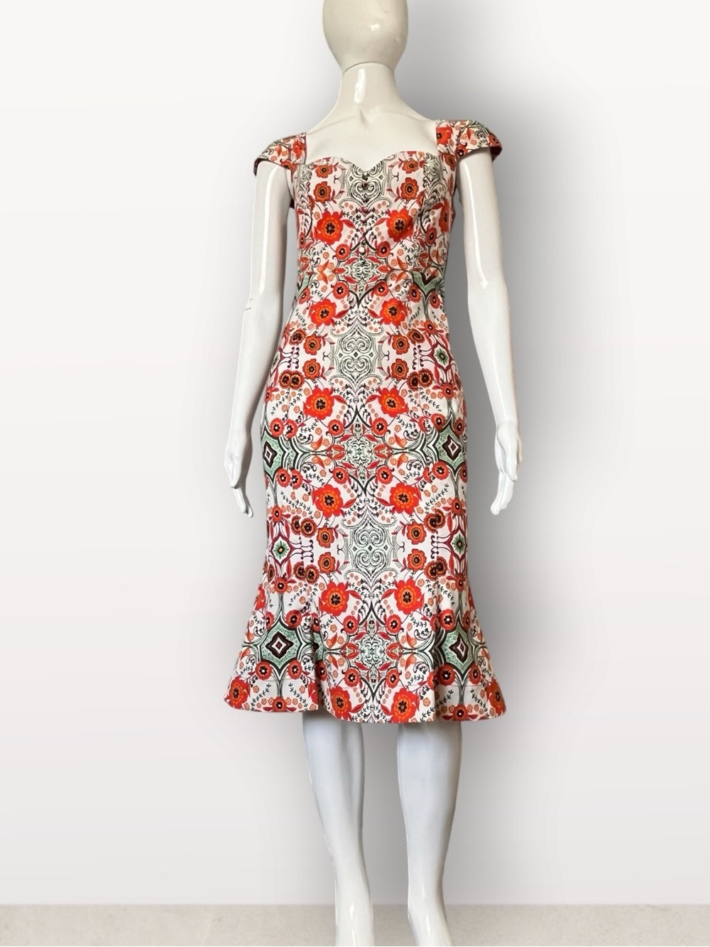 NWT Anthropologie Cecily Orange Tile-Floral Cap Sleeve Flounce Hem Dress XSP